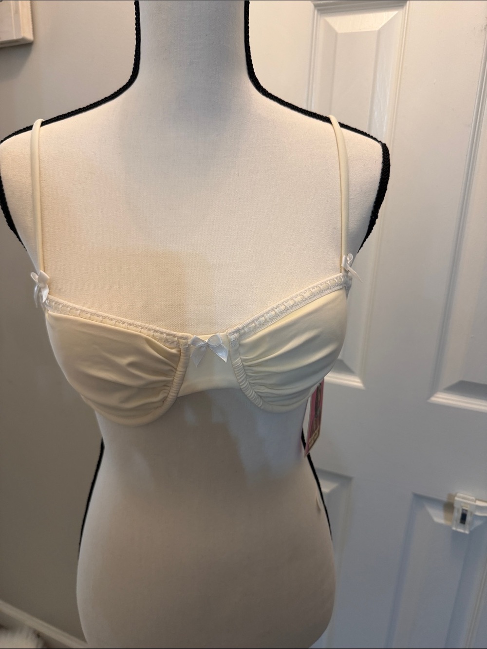 Strawberry Milk Mob Cream Balconette Bra with Bow Trim
